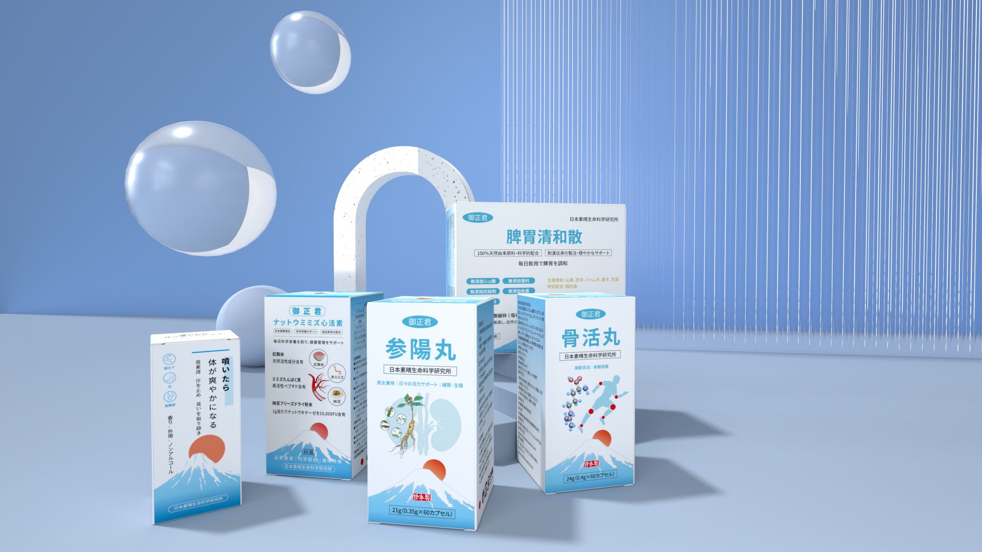 日本素晴生命科學研究所 五大核心產品合照 蓓素清 + 御正君 雙品牌